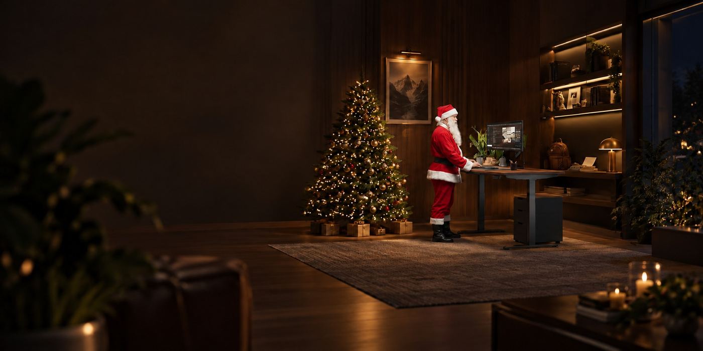 Papá Noel trabajando de pie en un escritorio elevable Plantify junto al árbol de Navidad
