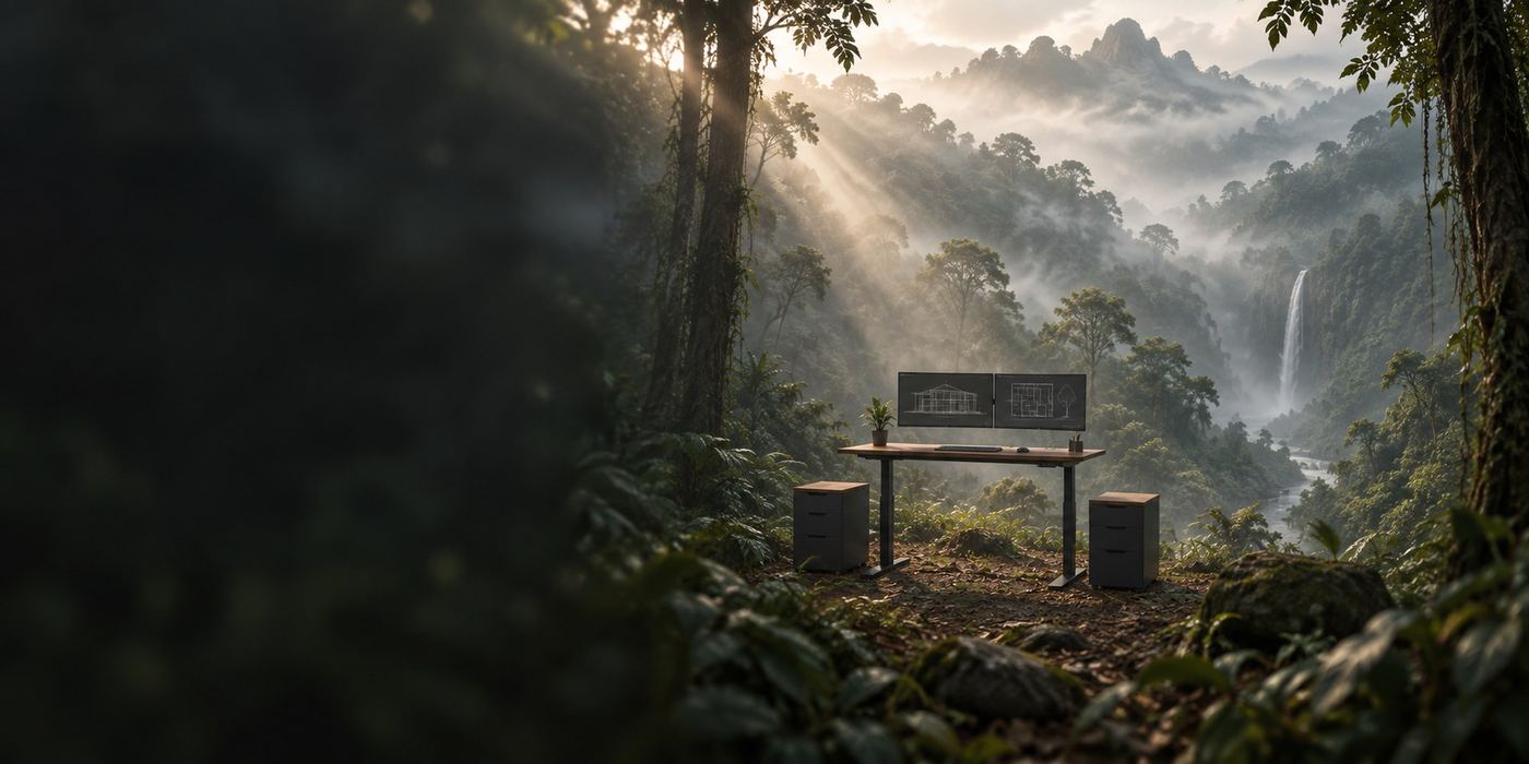 Escritorio elevable Plantify en un bosque con neblina, persona trabajando de pie de espaldas