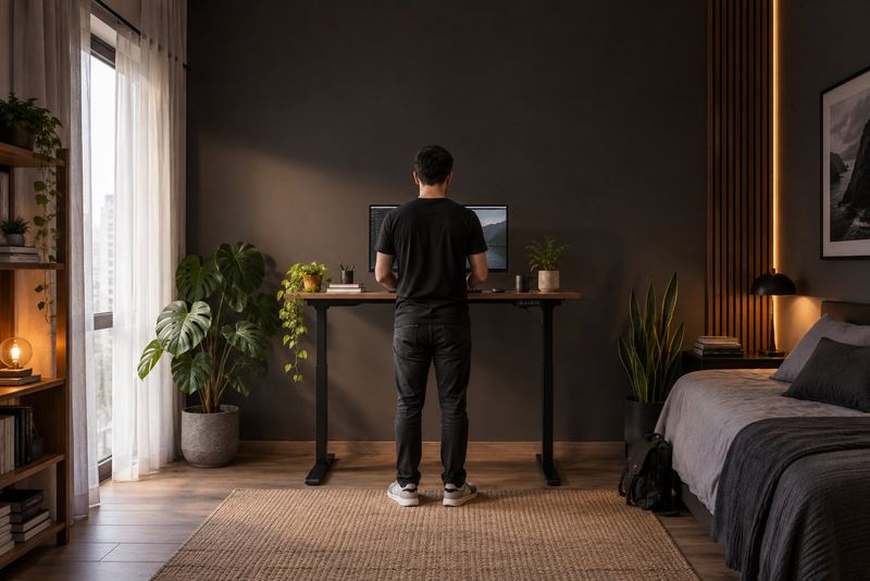 Hombre trabajando de pie en un escritorio elevable Plantify junto a la ventana, con plantas