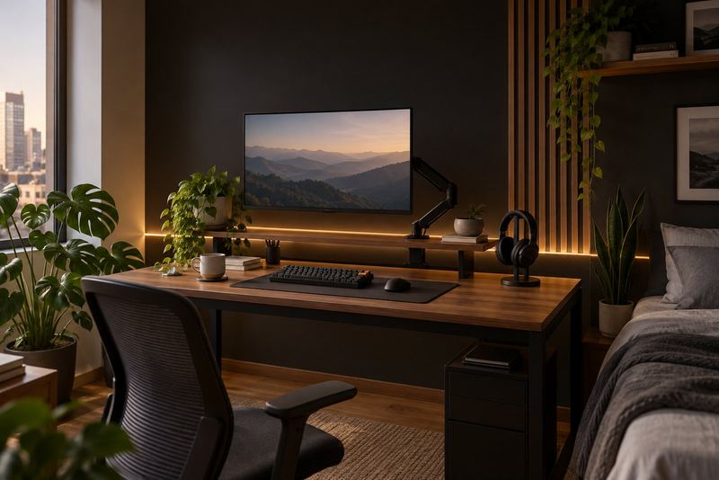 Setup con monitor en brazo, teclado y plantas sobre escritorio de madera