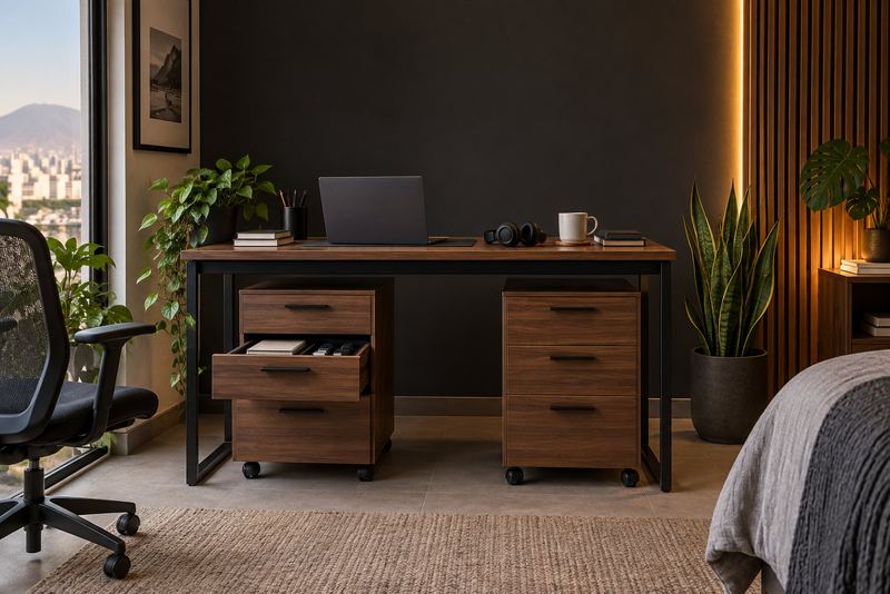Dos cajoneras de madera con ruedas bajo un escritorio Plantify, una abierta y ordenada